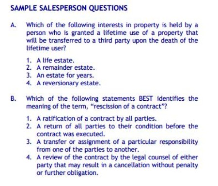 Sample real estate salesperson exam questions from New Jersey.