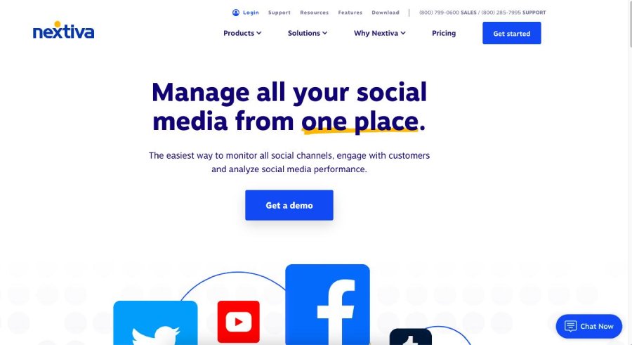Social media management page of the Nextiva website.