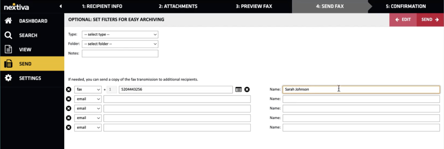 A screenshot of how to set filters before sending a fax via the Nextiva vFAX portal.