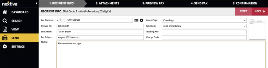 A screenshot of the text fields under Recipient Info in the Nextiva vFAX portal.