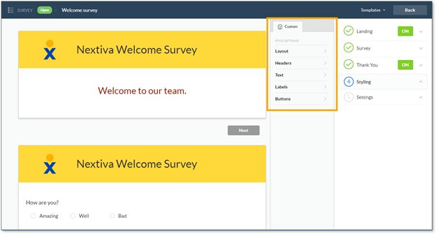 Nextiva's survey styling interface.