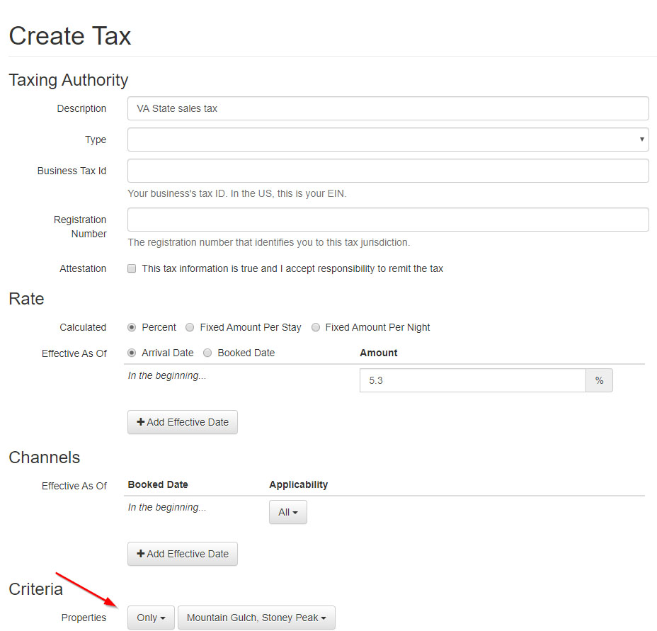 Image of the Create Tax screen in OwnerRez, where you can configure taxes.