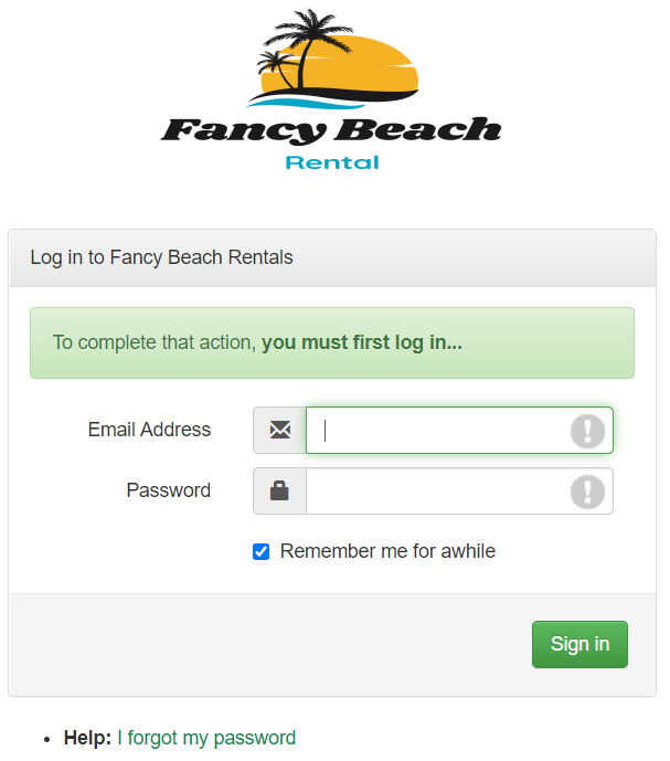 Image of OwnerRez's branded user portal that shows a login screen.