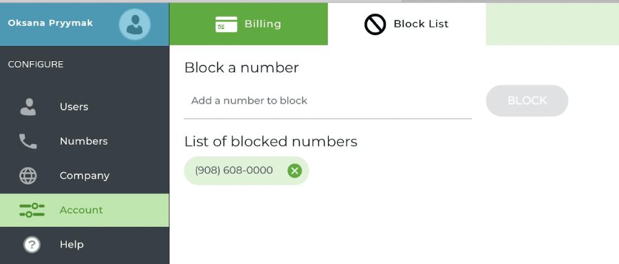 Phone.com interface showing the block list feature, which has an input field for adding a number that must be blocked and a section for the list of blocked numbers.