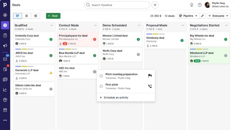 Pipedrive platform sowing scheduling and contact management.