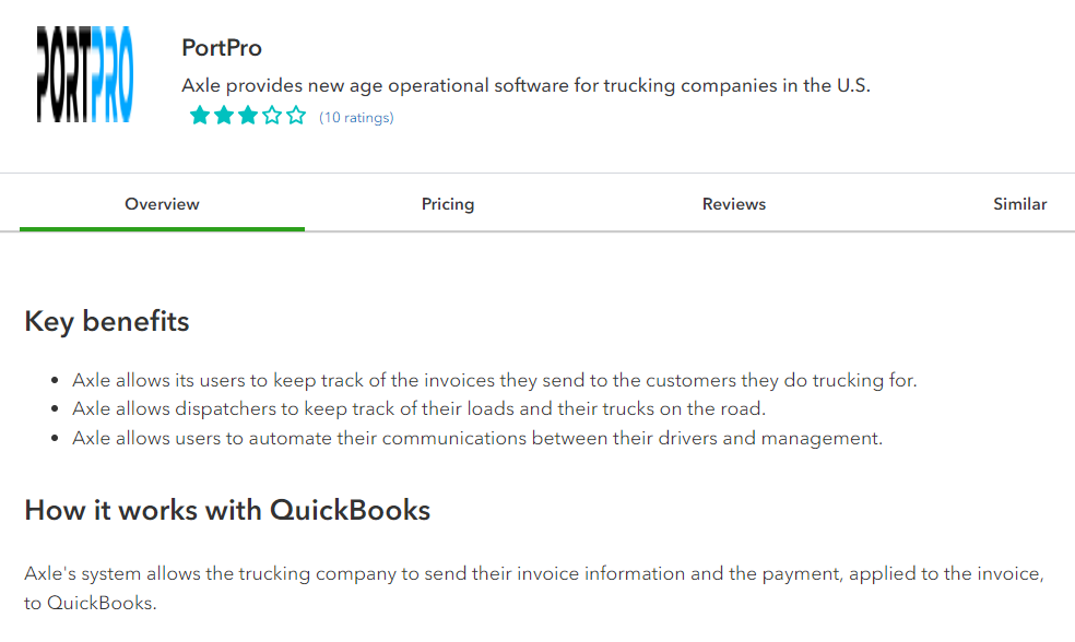 Screen in QuickBooks Online where you can directly purchase and setup PortPro integration