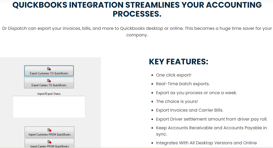 Page in Dr Dispatch showing details about QuickBooks Online integration