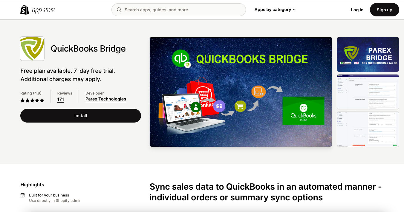 QuickBooks Bridge by Parex setup page from within the QuickBooks app marketplace.
