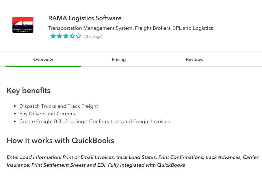 Screen in QuickBooks Online where you can directly purchase and setup RAMA Logistics Software integration