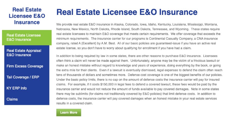Real estate licensee E&O insurance details from RISC.
