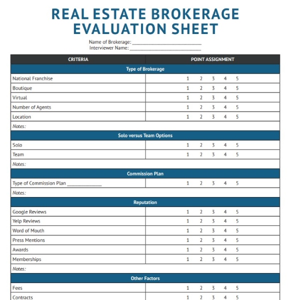 Preview of Brokerage Evaluation Sheet.