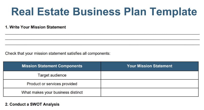 Preview of real estate business plan template.
