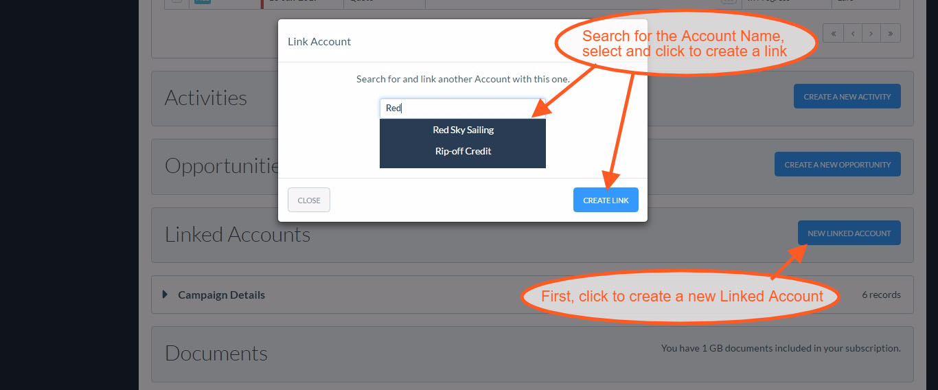 Linking a company account to another record in Really Simple Systems.
