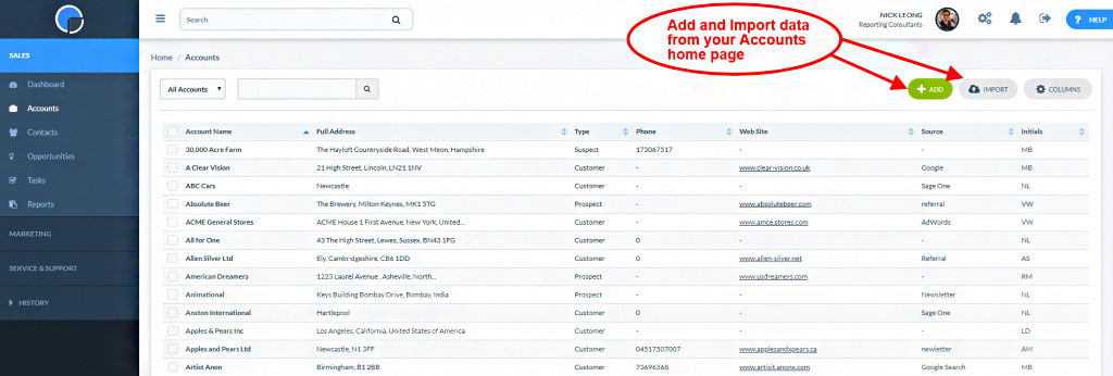 Viewing an account list of companies in Really Simple Systems.
