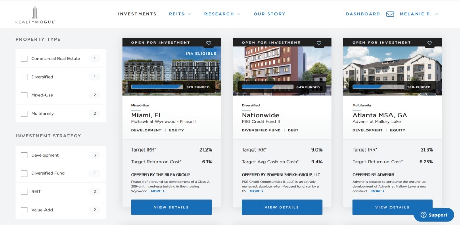 The RealtyMogul dashboard showing some current investment opportunities.