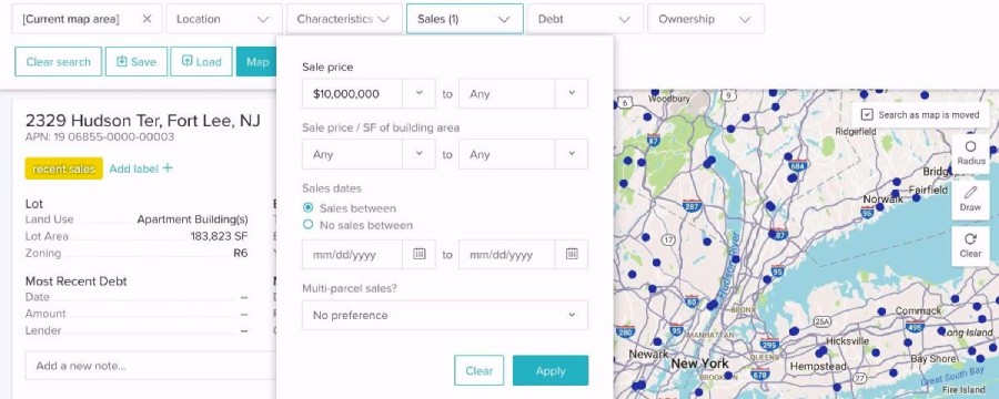Screenshot of property search page with map and property details.