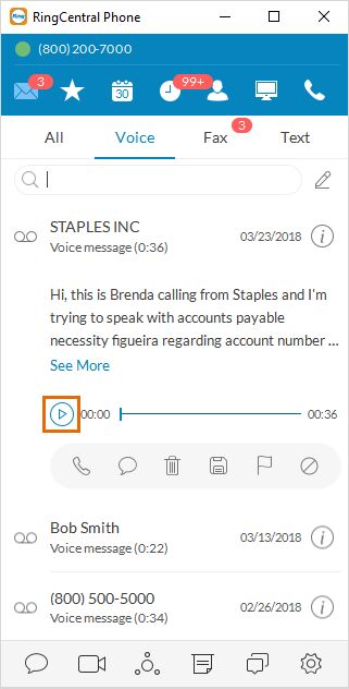 Voicemail interface on the RingCentral app.