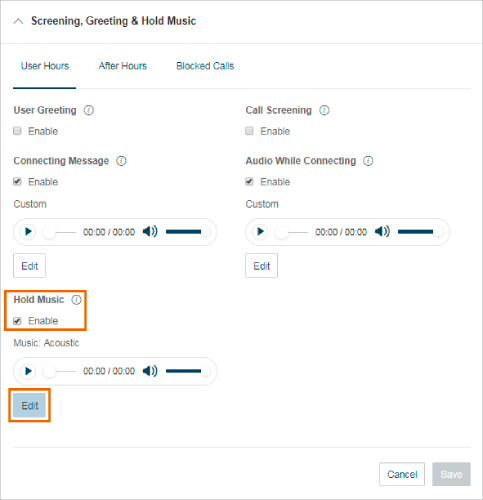 RingCentral settings showing the options to enable user greeting, hold music, and call screening.