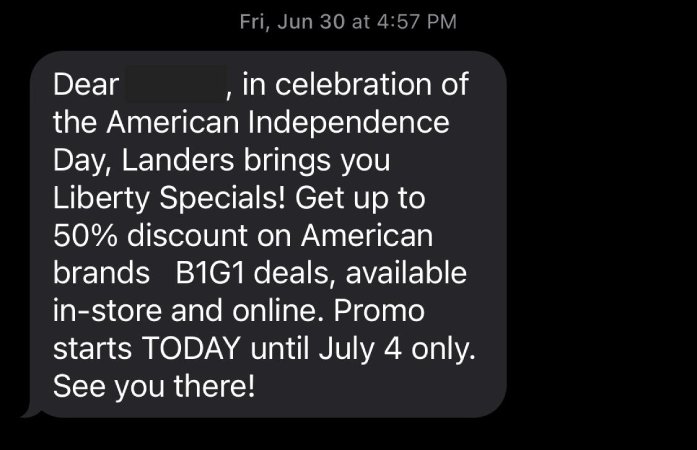 Sample SMS marketing message advertising a 4th of July sale.