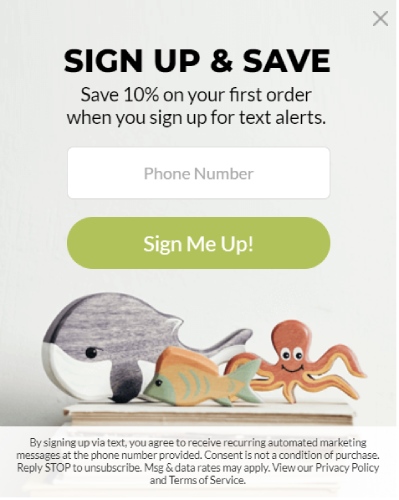 Sample SMS opt-in from a website popup box.