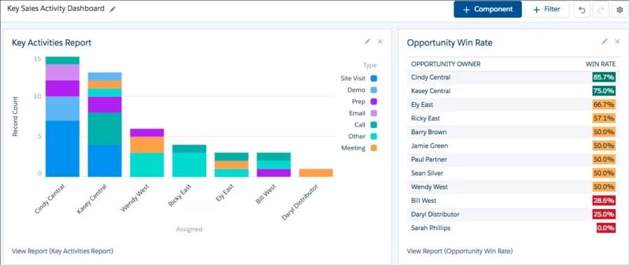 An example of Salesforce's key sales activity dashboard with key activity reports and opportunity win rate.
