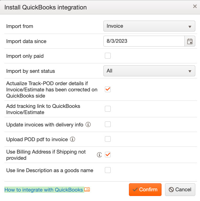 Screen in Track-POD where you can set up QuickBooks Online integration.