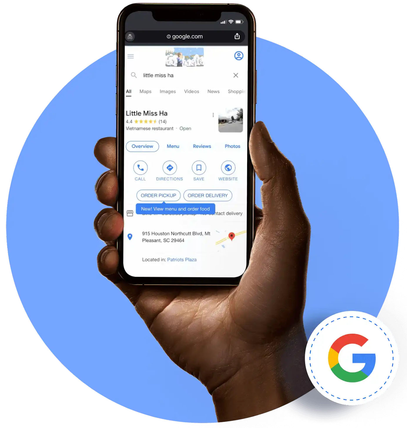 Order with Google restaurant search result on a smartphone.