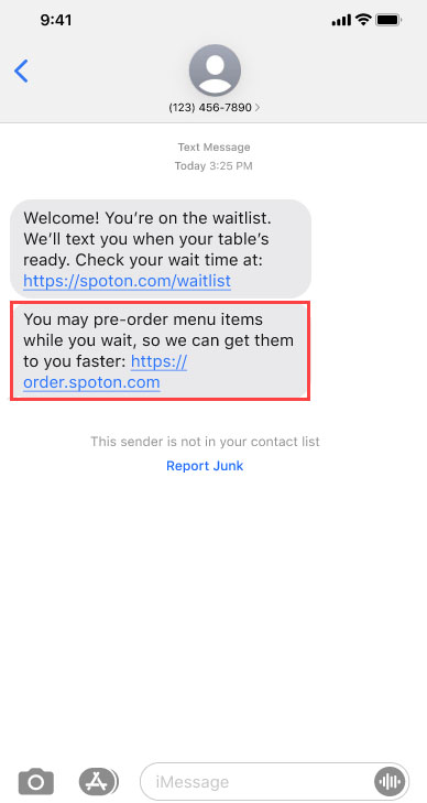 SpotOn Seat and Sent customer text message prompt.