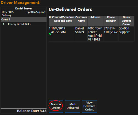 SpotOn delivery driver management screen.