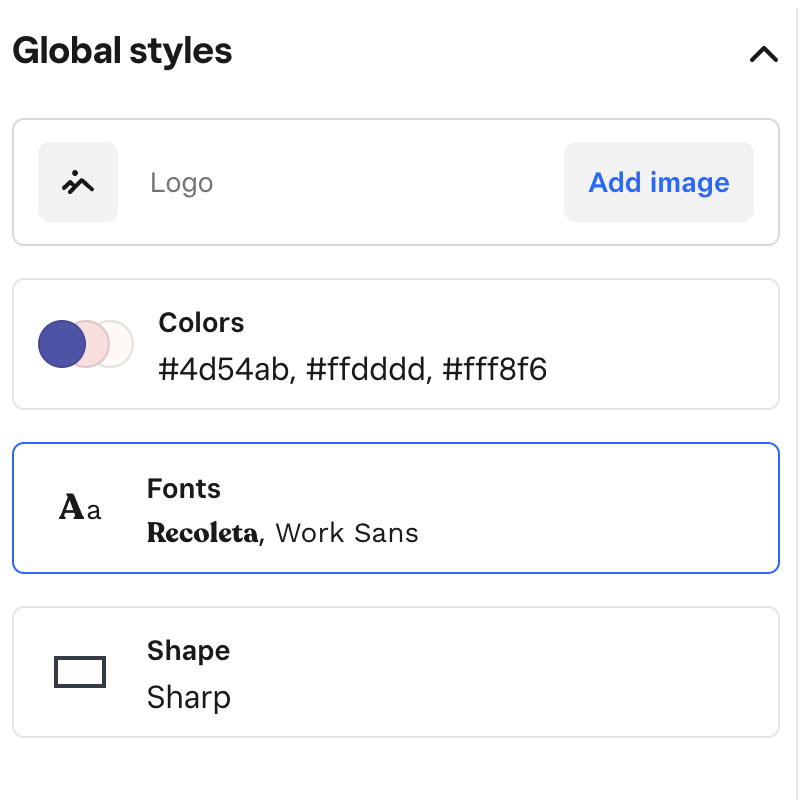 Square Online website builder global styles setting.