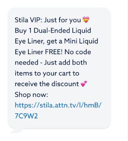 Sample marketing SMS from Stila promoting a loyalty campaign.