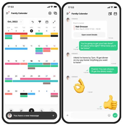 TimeTree's calendar view on mobile and chat feature.