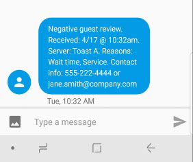 Toast customer feedback text alert.