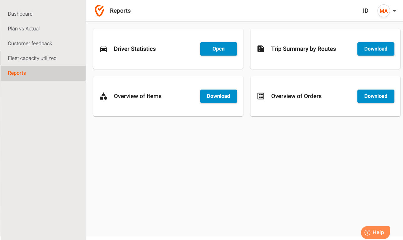 Reports tab under the Analytics dashboard in Track-POD showing reports like driver statistics and overview of items.