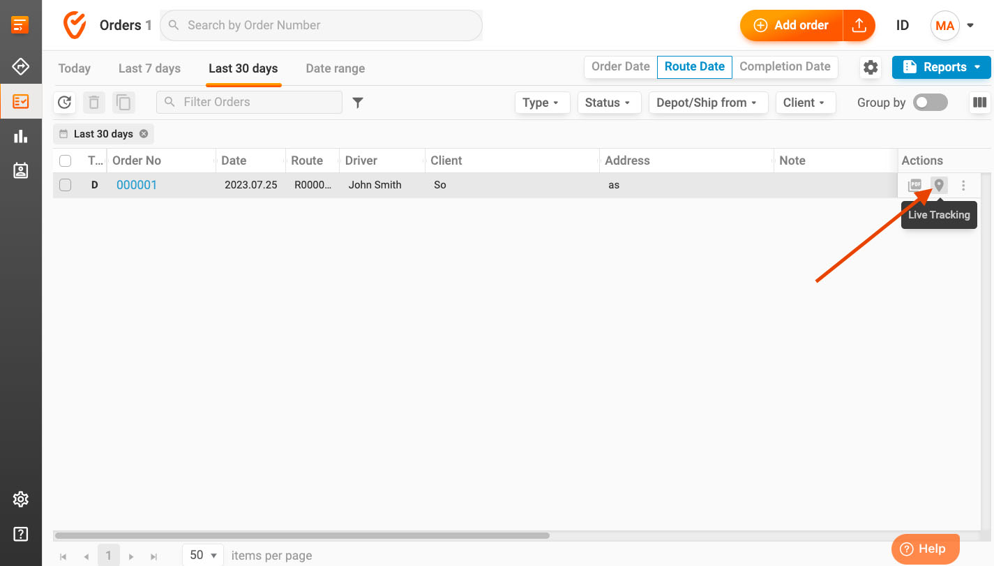 Order management dashboard highlighting the live tracking mapping tool in Track-POD.