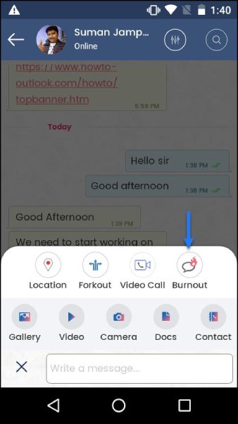 Troop Messenger interface showing the chat menu options, including "Location," "Forkout," "Video Call," and "Burnout".