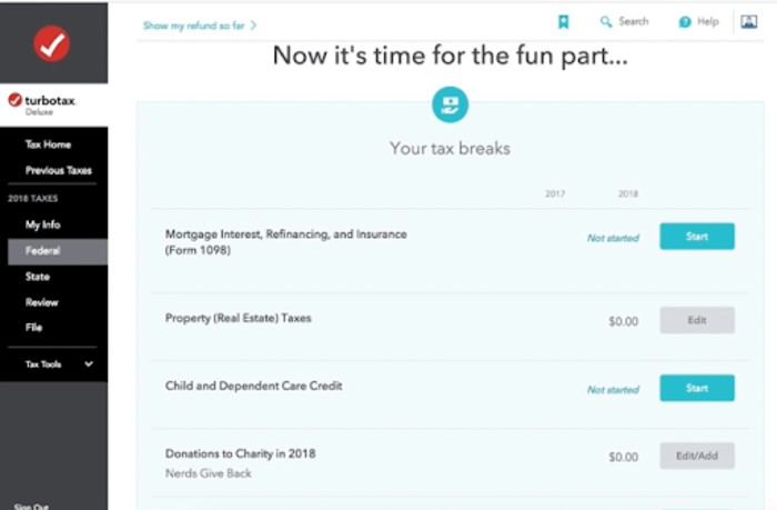 image of TurboTax's dashboard that shows various tax breaks