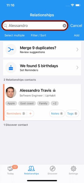 Searching relationship contacts in UpHabit mobile.