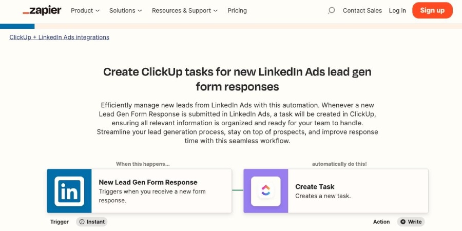 Creating automation Zaps between ClickUp and LinkedIn in Zapier.
