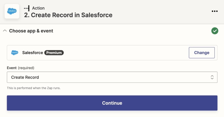 Setting up action for automated record creation in Salesforce Essentials in Zapier.