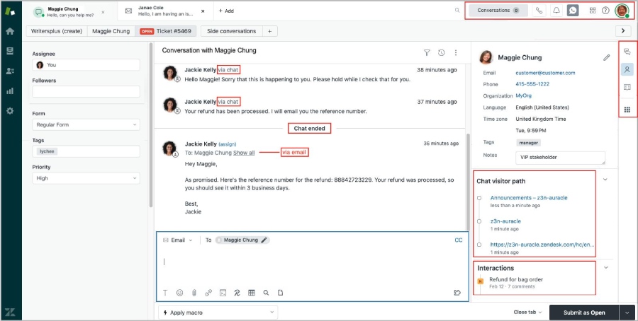 Zendesk interface showing a conversation thread at the center panel and a customer profile at the right panel.