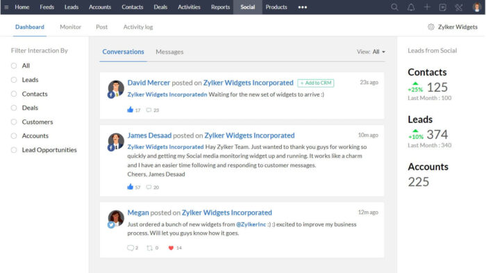 An example of Zoho CRM's Social Tab for managing social media conversations.