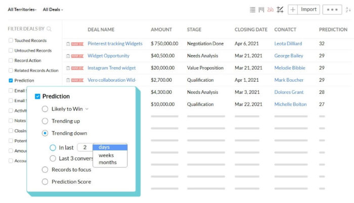 An example of Zoho CRM's advanced filters for viewing deal trends.