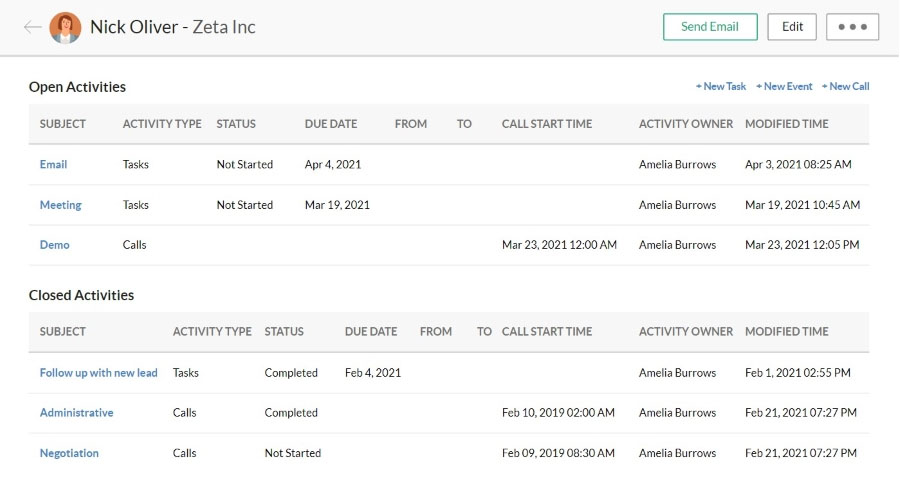 An example of how Zoho CRM's communication context lets reps pick up customer conversation where they left off.