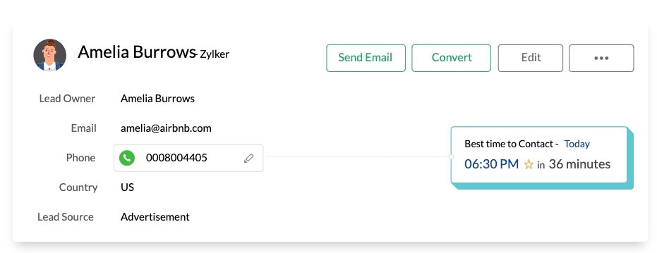 An example of a Zoho CRM contact record with the best time to contact.