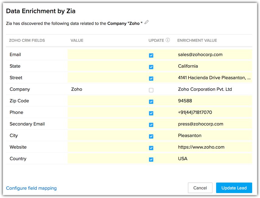 Getting data enrichment recommendations through the Zia AI tool in Zoho CRM.