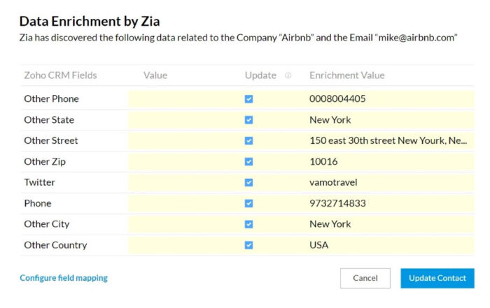 An example of Zoho CRM's data enrichment using Zia.