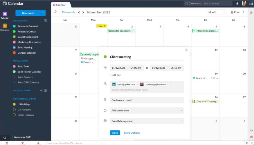 Setting up a meeting in Zoho Calendar.