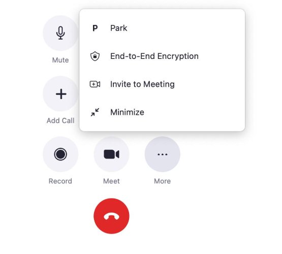 Zoom Phone interface showing in-call control options from the "More" button, which include "Park", "End-to-End Encryption", "Invite to Meeting", and "Minimize".