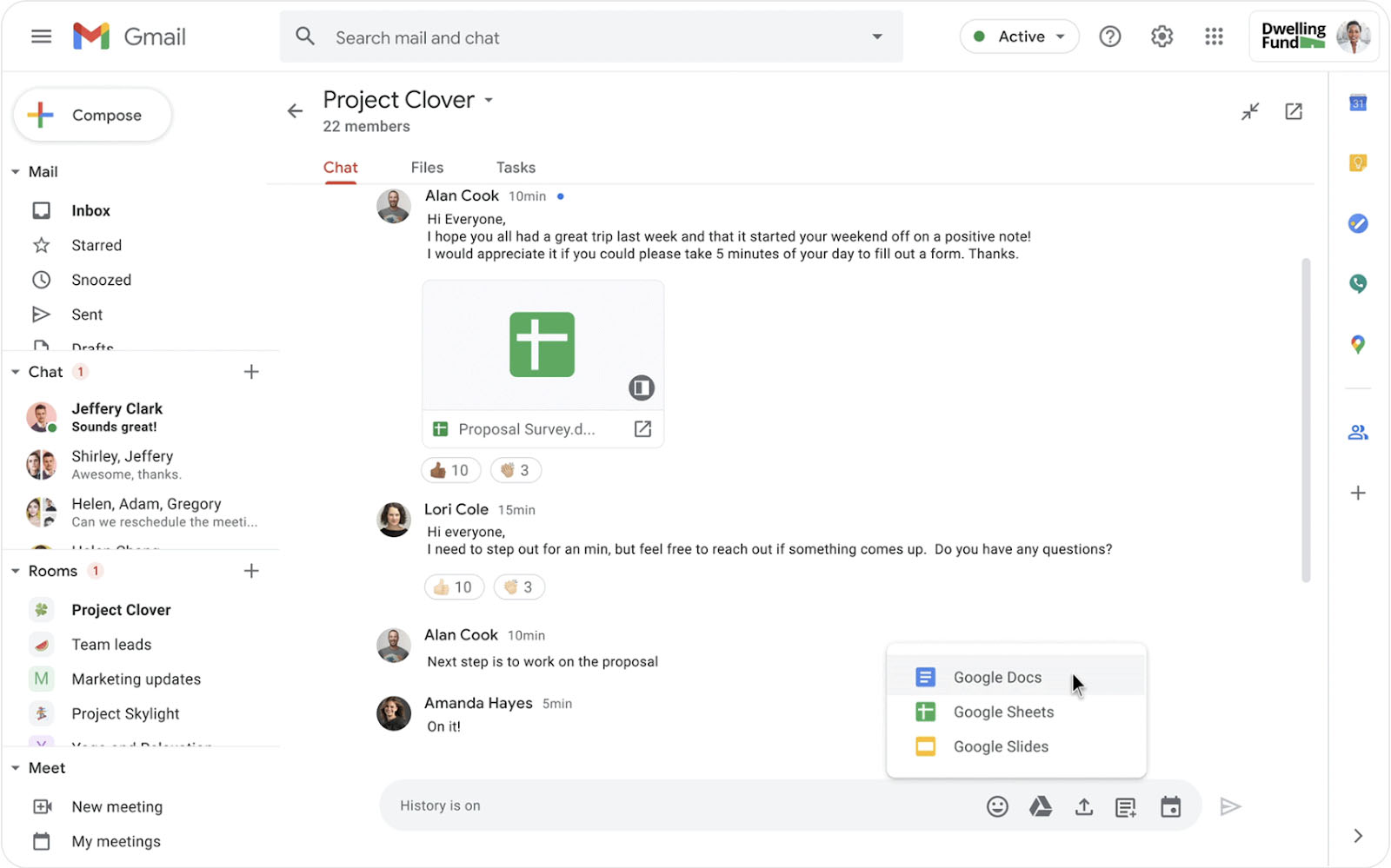 A screenshot of how to collaborate on a Google Doc file within Google Chat.